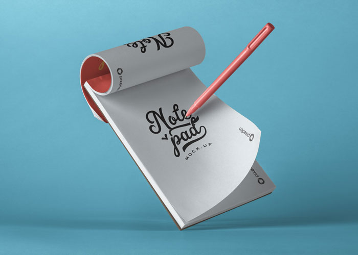 Floating notepad mockup with a red pen, ideal for showcasing stationery designs, branding, and creative presentations on a blue background.