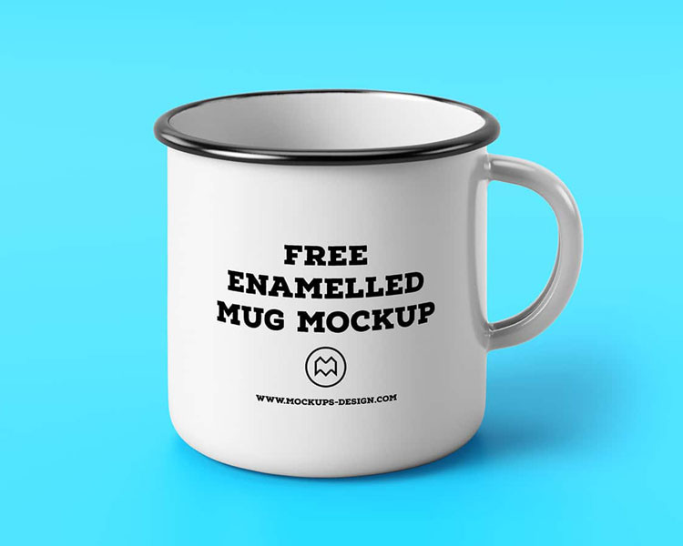 White enamel mug mockup with black rim on a vibrant blue background, perfect for showcasing custom designs, branding, and logos.