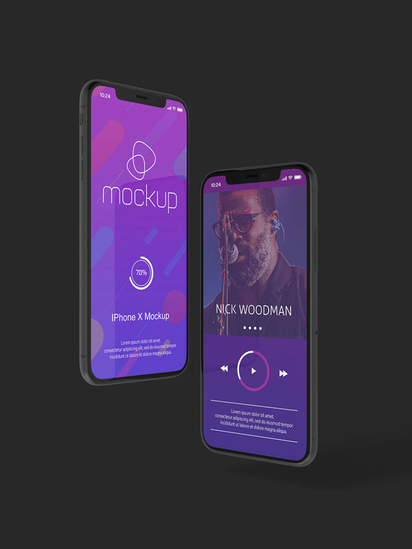 Two iPhone X mockups showcasing app interfaces. One displays a 'mockup' design, the other a music player with 'Nick Woodman' and a play button.